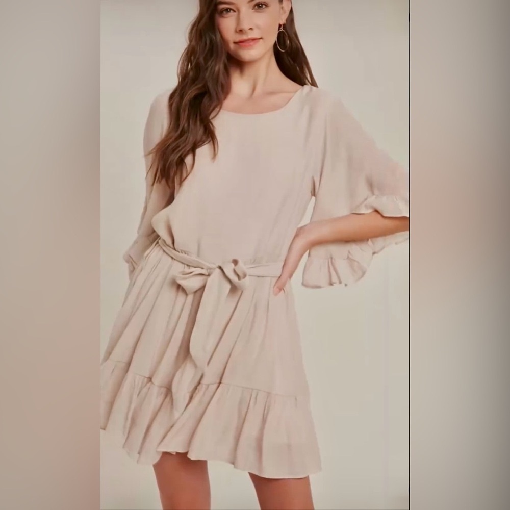 Blu Ivy solid Woven Mini Dress With Ruffled Bell Sleeves in Taupe Size Large